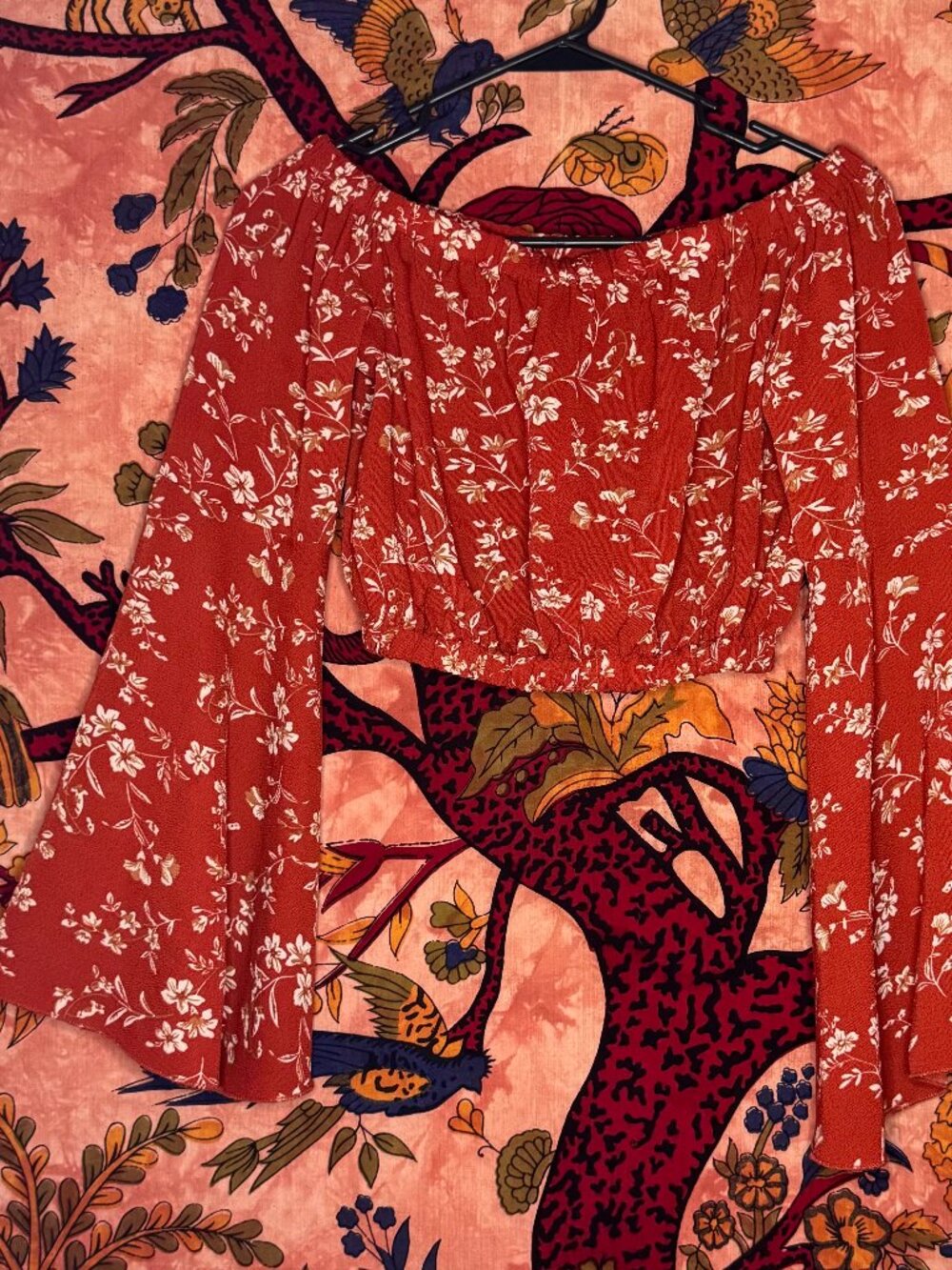 Scarlet and White Off-the-Shoulder Hippie Top